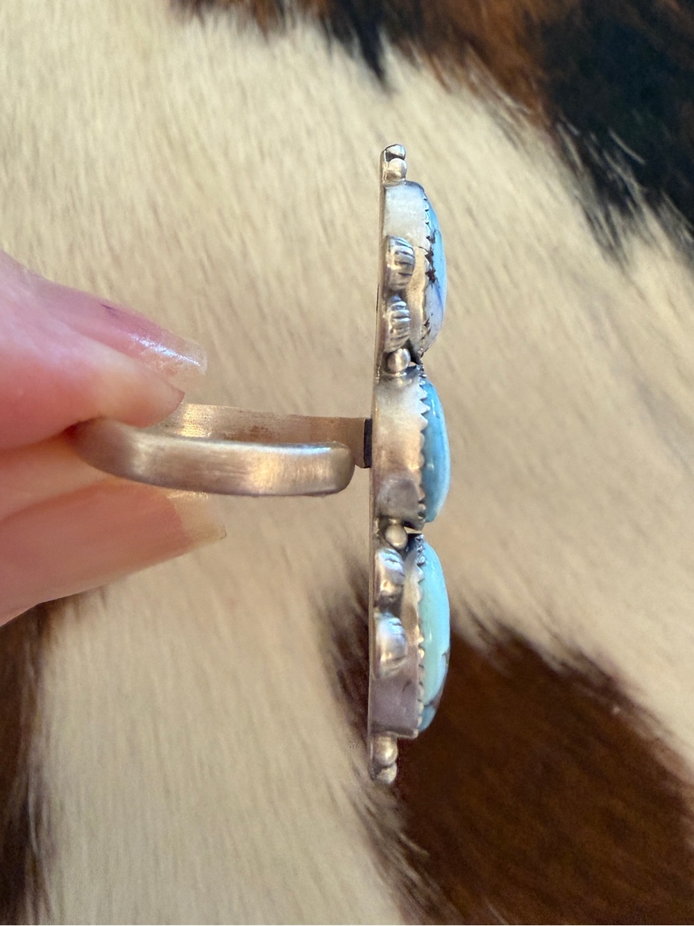 ❤️ Golden Hills 3 Stone Turquoise Sterling Silver Navajo Style Ring Adjustable - Picture 5 of 16